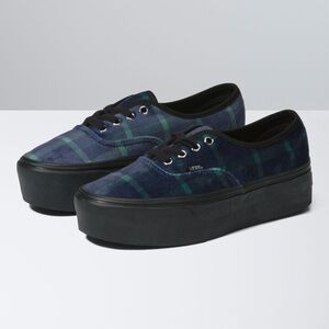Vans Stacked Velvet Plaid Green Black Platform